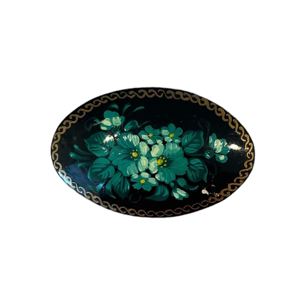 Palekh Brooch Wood Oval with Hand Painted Green Flowers